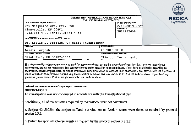 FDA 483 - Leslie Forgosh [Saint Paul / United States of America] - Download PDF - Redica Systems
