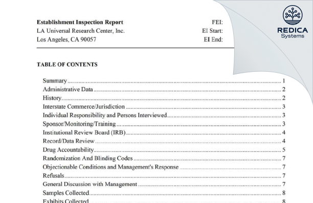 EIR - LA Universal Research Center Inc. [Los Angeles / United States of America] - Download PDF - Redica Systems
