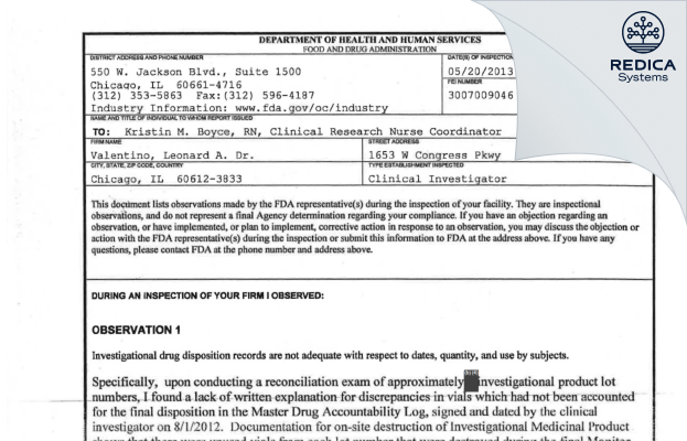 FDA 483 - Valentino, Leonard A. Dr. [Chicago / United States of America] - Download PDF - Redica Systems