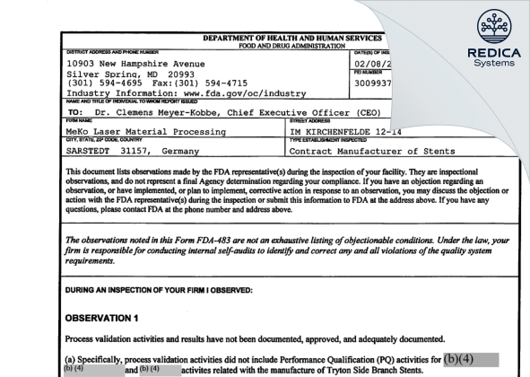 FDA 483 - Meko [Sarstedt / Germany] - Download PDF - Redica Systems