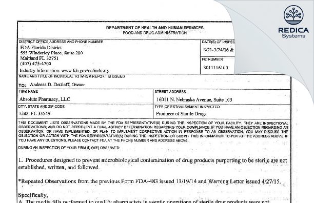 FDA 483 - Absolute Pharmacy, LLC [Lutz / United States of America] - Download PDF - Redica Systems