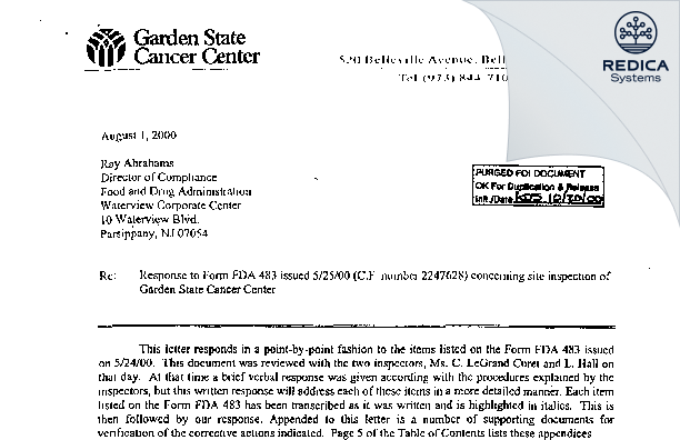 FDA 483 Response - Garden State Cancer Center [Belleville / United States of America] - Download PDF - Redica Systems