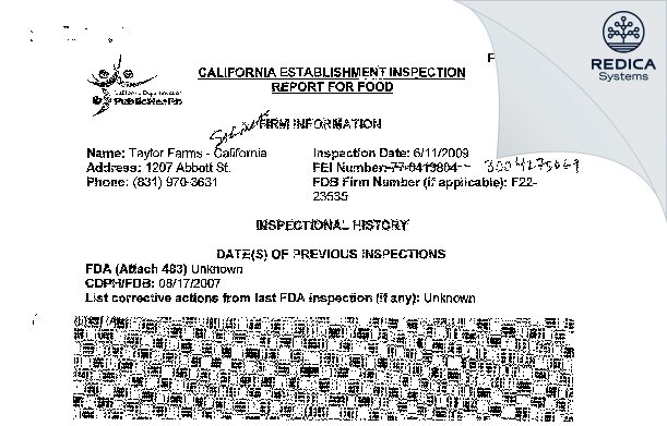 EIR - Taylor Farms California, Inc. [Salinas / United States of America] - Download PDF - Redica Systems