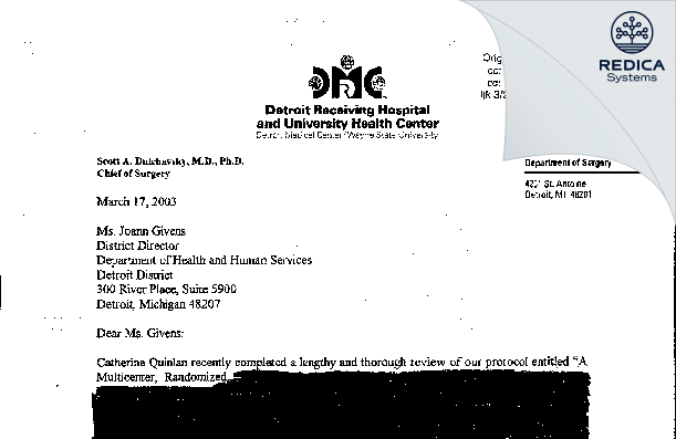 FDA 483 Response - Dr. Scott A. Dulchavsky [Detroit / United States of America] - Download PDF - Redica Systems