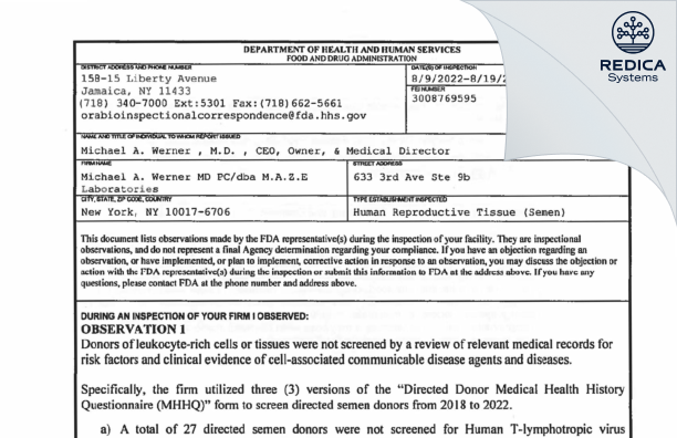 FDA 483 - Michael A. Werner MD PC/dba M.A.Z.E Laboratories [New York / United States of America] - Download PDF - Redica Systems