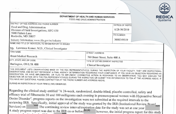 FDA 483 - Lawrence Komer, M.d. [Burlington / Canada] - Download PDF - Redica Systems