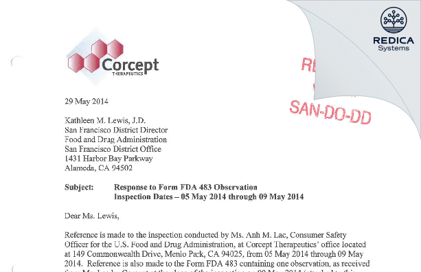 FDA 483 Response - Corcept Therapeutics Incorporated [Menlo Park / United States of America] - Download PDF - Redica Systems