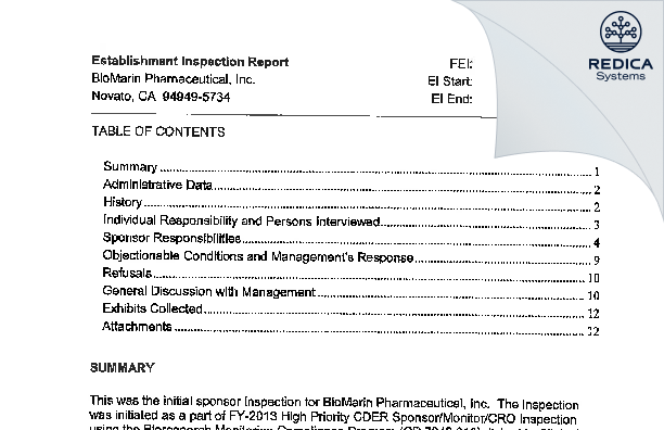 EIR - BioMarin Pharnaceuticals, Inc. [Novato / United States of America] - Download PDF - Redica Systems