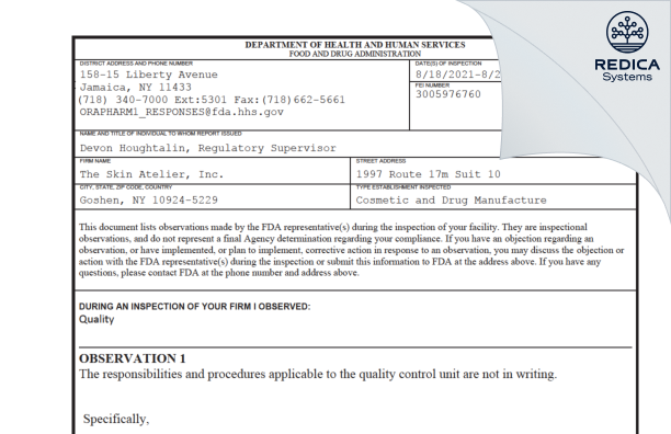 FDA 483 - The Skin Atelier, Inc. [Goshen / United States of America] - Download PDF - Redica Systems