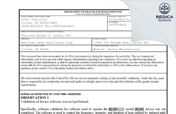 FDA 483 - American Laser Healthcare Corp [Irvine / United States of America] - Download PDF - Redica Systems