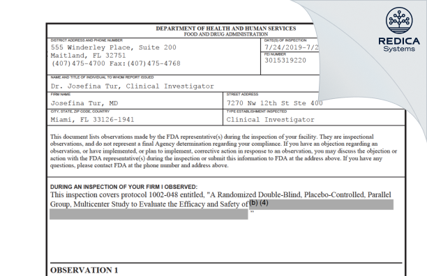 FDA 483 - Josefina Tur, MD [Miami / United States of America] - Download PDF - Redica Systems