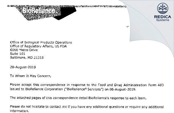FDA 483 Response - Bioreliance Corporation [Rockville / United States of America] - Download PDF - Redica Systems