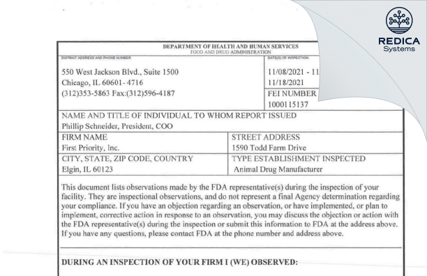 FDA 483 - FIRST PRIORITY INCORPORATED [Elgin / United States of America] - Download PDF - Redica Systems