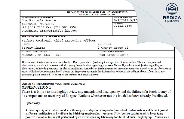FDA 483 - SEAWAY PHARMA [New York / United States of America] - Download PDF - Redica Systems