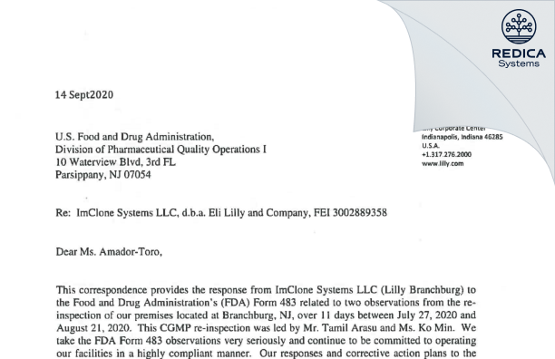 FDA 483 Response - ImClone Systems LLC [Jersey / United States of America] - Download PDF - Redica Systems