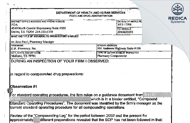 FDA 483 - D.R. Pharmacy, Inc. [Midland / United States of America] - Download PDF - Redica Systems