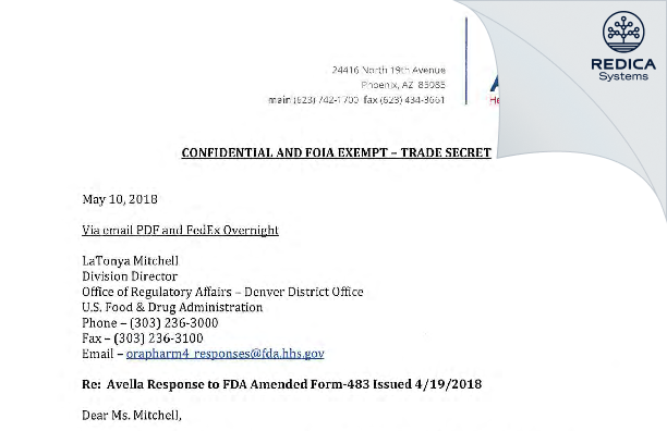 FDA 483 Response - Avella of Deer Valley dba Avella Specialty Pharmacy [Phoenix / United States of America] - Download PDF - Redica Systems