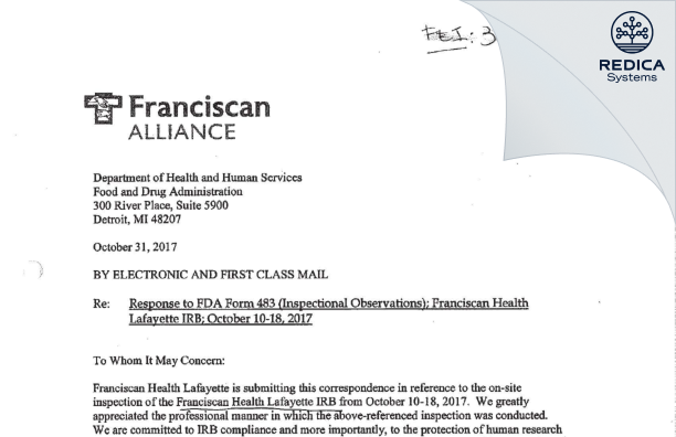 FDA 483 Response - Institutional Review Board of Franciscan Health Lafayette [Lafayette / United States of America] - Download PDF - Redica Systems