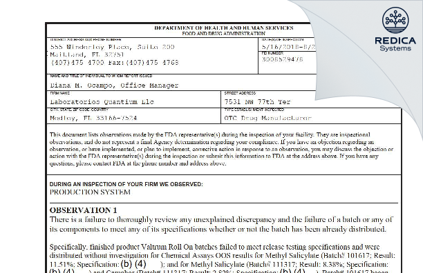 FDA 483 - Laboratorios Quantium Llc [Medley / United States of America] - Download PDF - Redica Systems