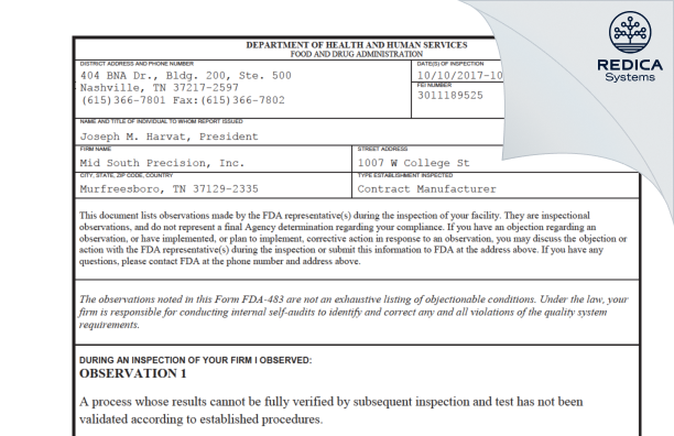 FDA 483 - Mid South Precision, Inc. [Murfreesboro / United States of America] - Download PDF - Redica Systems