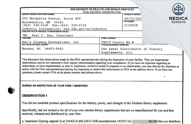FDA 483 - Hsu's Ginseng Enterprises, Inc [Wausau / United States of America] - Download PDF - Redica Systems