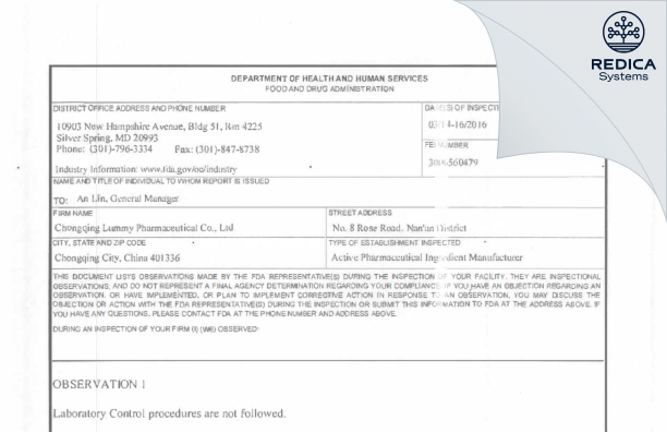 FDA 483 - Chongqing Lummy Pharmaceutical Co. Ltd. [Chongqing / China] - Download PDF - Redica Systems
