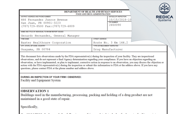 FDA 483 - Baxter Healthcare Corporation [Rico / United States of America] - Download PDF - Redica Systems
