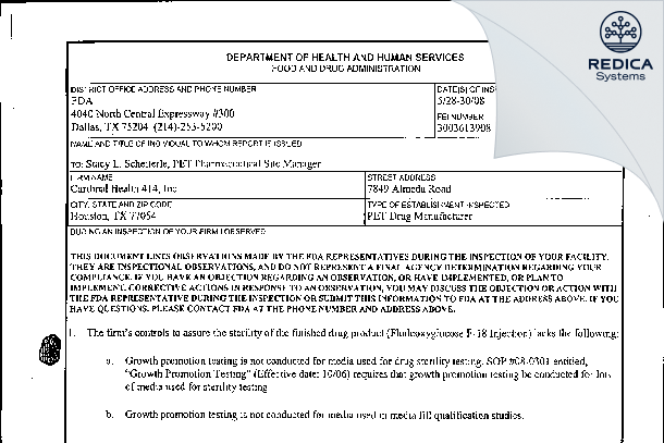 FDA 483 - Cardinal Health, Inc. [Houston / United States of America] - Download PDF - Redica Systems