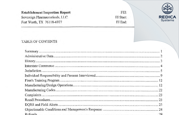 EIR - Sovereign Pharmaceuticals, LLC [Fort Worth / United States of America] - Download PDF - Redica Systems