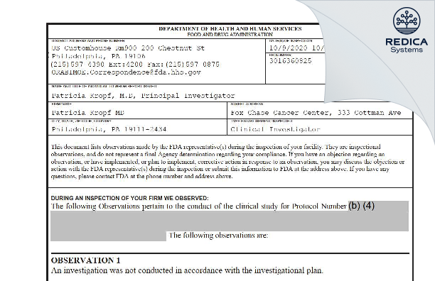 FDA 483 - Patricia Kropf MD [Philadelphia / United States of America] - Download PDF - Redica Systems