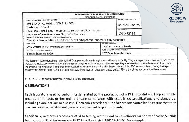 FDA 483 - University of Alabama at Birmingham [Birmingham / United States of America] - Download PDF - Redica Systems