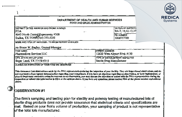 FDA 483 - PharMedium Services, Llc [Sugar Land / United States of America] - Download PDF - Redica Systems