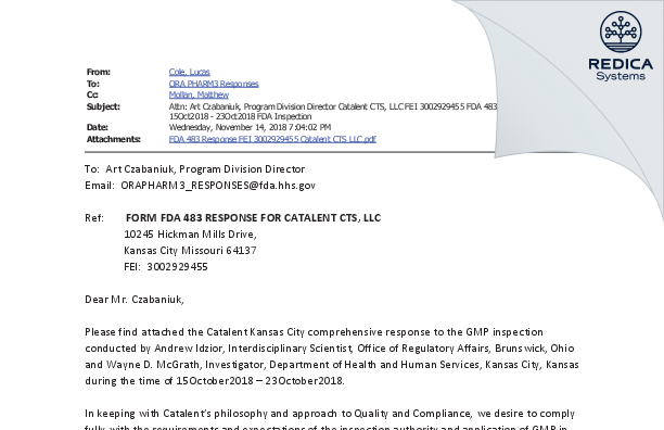 FDA 483 Response - Catalent CTS, LLC [Kansas City / United States of America] - Download PDF - Redica Systems