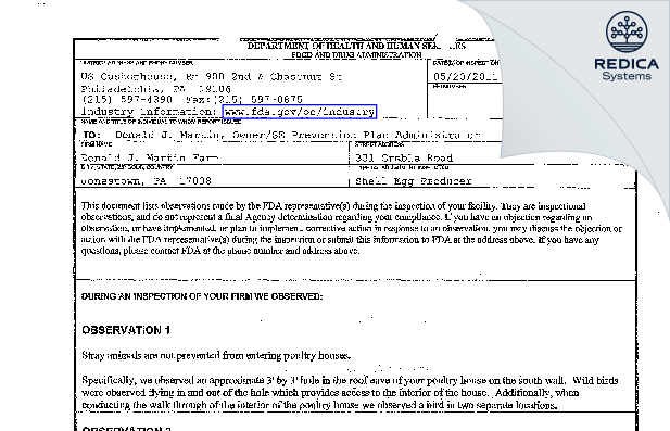 FDA 483 - Donald J. Martin Farm [Jonestown / United States of America] - Download PDF - Redica Systems