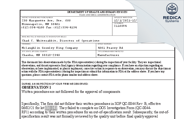 FDA 483 - McLaughlin Gormley King Company [Chaska / United States of America] - Download PDF - Redica Systems