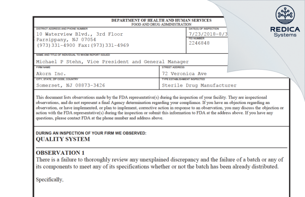 FDA 483 - Akorn Operating Company LLC (dba Akorn) [Jersey / United States of America] - Download PDF - Redica Systems