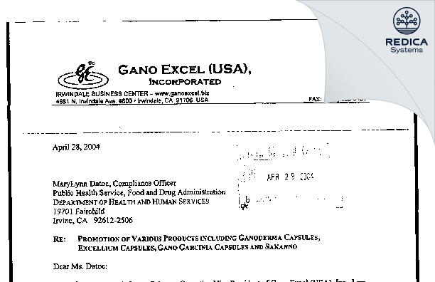 FDA 483 Response - Gano Excel USA, Inc. [Chino / United States of America] - Download PDF - Redica Systems