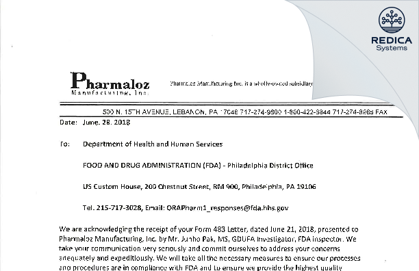 FDA 483 Response - Pharmaloz Manufacturing, Inc. [Lebanon / United States of America] - Download PDF - Redica Systems