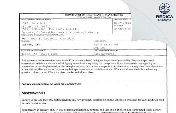FDA 483 - Sarken, Inc. [Tempe / United States of America] - Download PDF - Redica Systems