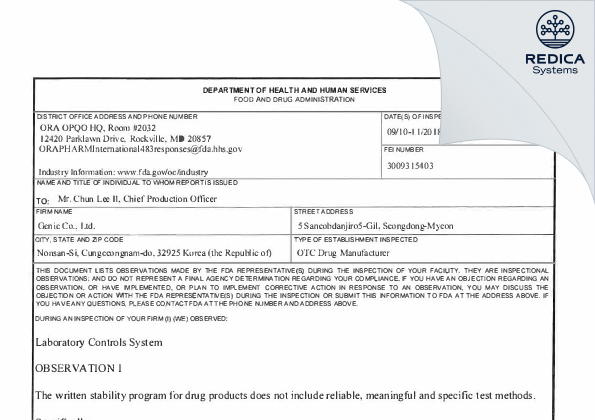 FDA 483 - GENIC CO.,LTD [- / Korea (Republic of)] - Download PDF - Redica Systems