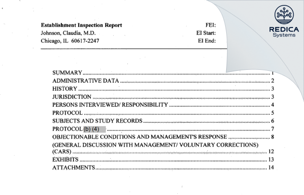 EIR - Johnson, Claudia, M.D. [Chicago / United States of America] - Download PDF - Redica Systems