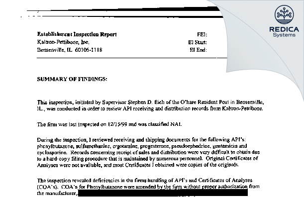 EIR - Kaltron, Inc.; d.b.a. Kaltron-Pettibone [Bensenville / United States of America] - Download PDF - Redica Systems