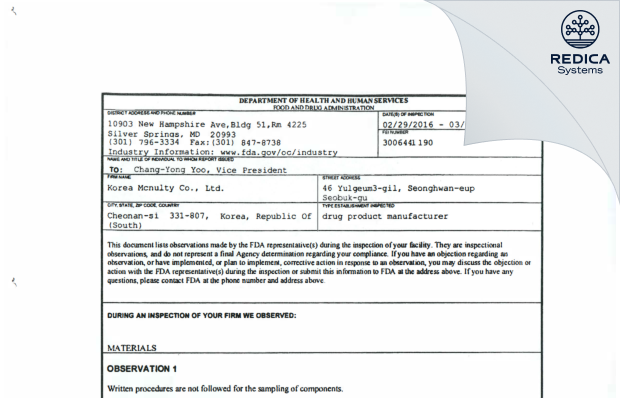 FDA 483 - Korea Mcnulty Co., Ltd. [- / -] - Download PDF - Redica Systems