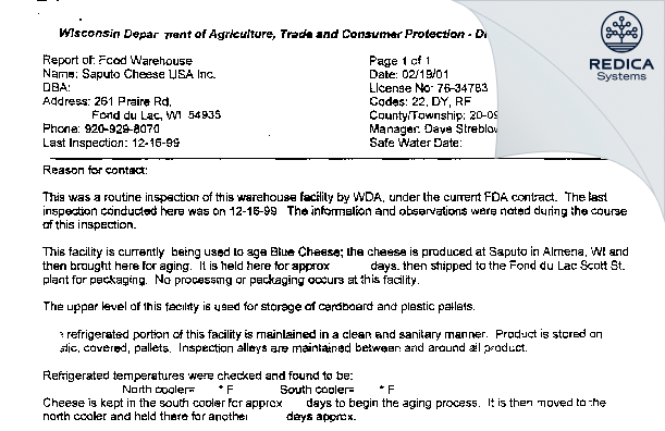EIR - Saputo Cheese USA, Inc. [Fond Du Lac / United States of America] - Download PDF - Redica Systems