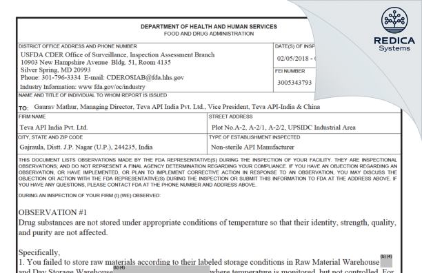 FDA 483 - Teva API India Private Ltd. [India / India] - Download PDF - Redica Systems
