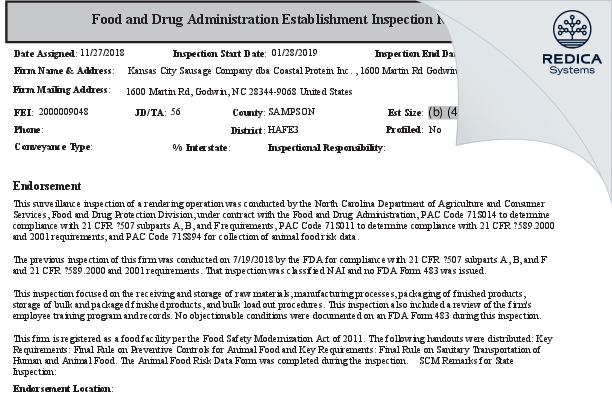 EIR - Kansas City Sausage Company, LLC [Godwin / United States of America] - Download PDF - Redica Systems