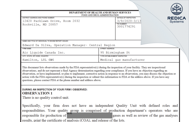 FDA 483 - Air Liquide Canada Inc [Canada / Canada] - Download PDF - Redica Systems