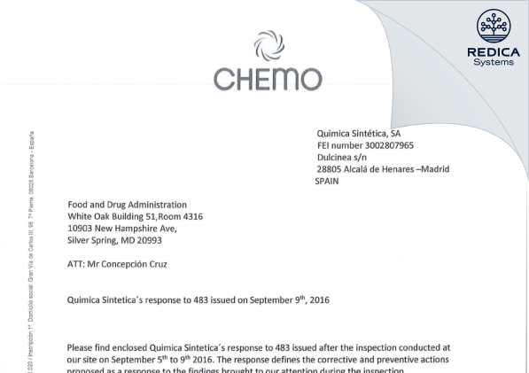 FDA 483 Response - Quimica Sintetica S.A. [Spain / Spain] - Download PDF - Redica Systems