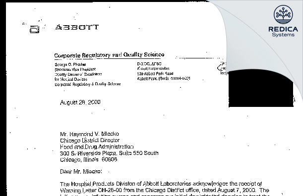 FDA 483 Response - Abbott Laboratories [Abbott Park / United States of America] - Download PDF - Redica Systems