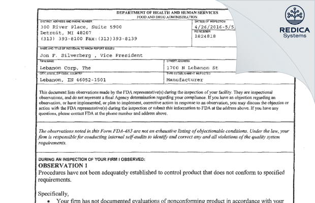 FDA 483 - The Lebanon Corporation, Inc. [Lebanon / United States of America] - Download PDF - Redica Systems